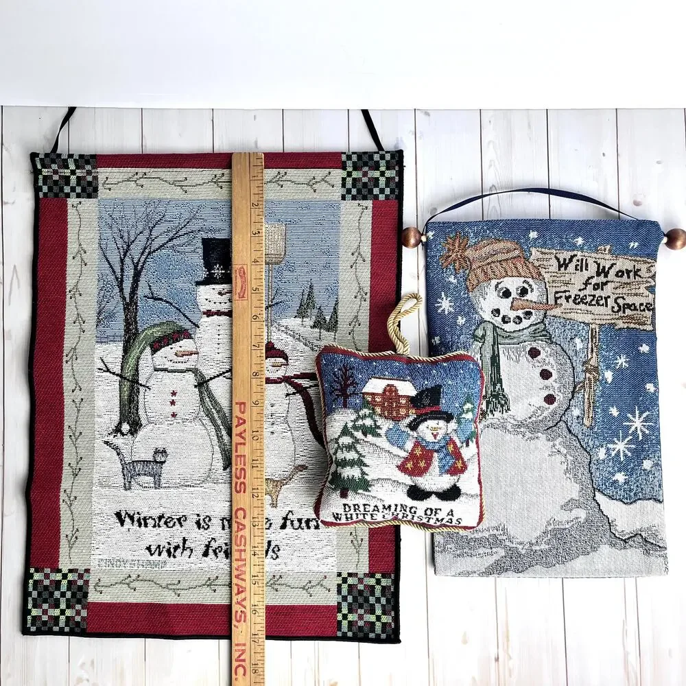 Vintage Tapestry Snowman Theme Tapestry Wall Hangings & Mini Pillow Lot Mismatch